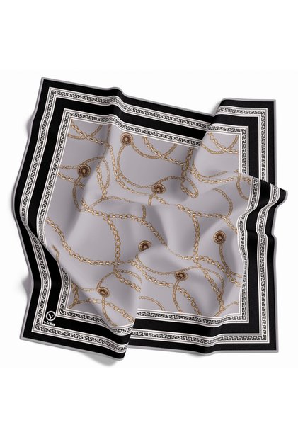 Twill Zincir Desenli Gri Renkli 90x90 Eşarp (İpek İçermez) Kenar Dikiş Şekli El Dikişli