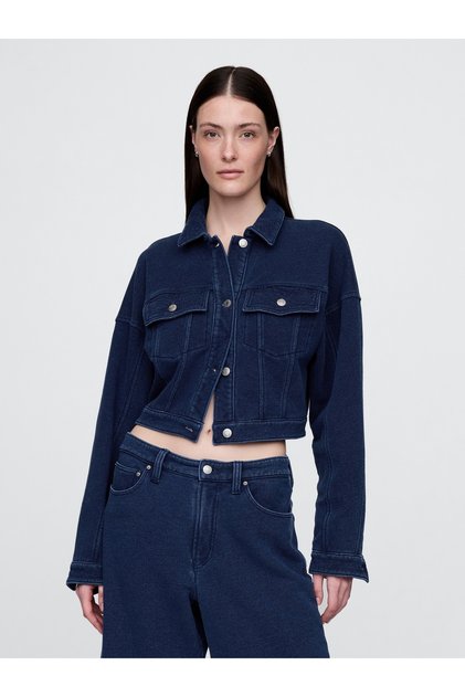 Kadın Koyu Mavi Fransız Havlu Kumaş Crop Icon Denim Ceket