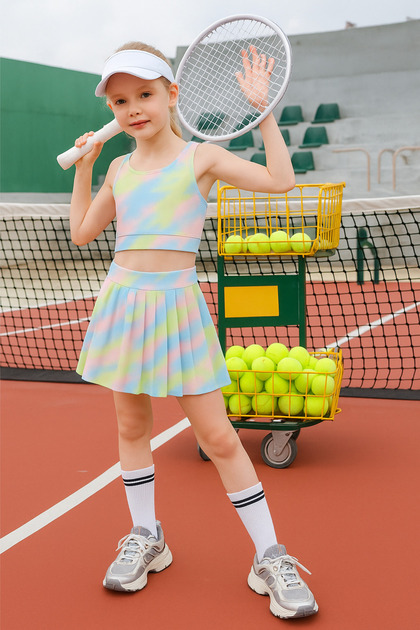 Tie Dye Patterned Shorts Skirted Crop Girl's Athlete Suit
