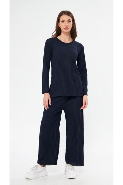 Women's Navy Blue Women's Ribbed Report & Sweatpants, Casual Home Wear Pajamas Set