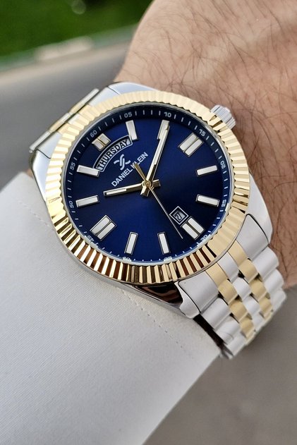 Kadranı Lacivert Kordonu Sarı Gri Renk 42 Mm Fonksiyonel Erkek Kol Saati