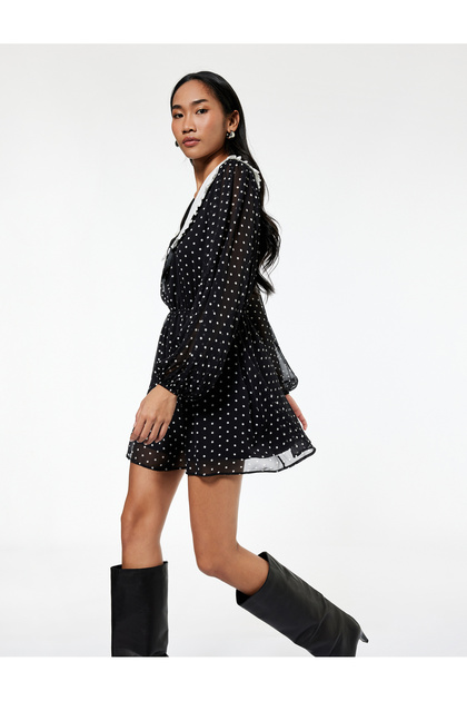 Koton Wide Baby Collar Long Sleeve Polka Dot Chiffon Mini Dress- Trendyol