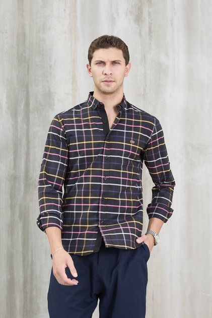 Flexible Comfortable Checque Plain Long Sleeved Men's Shirt with Chest Trim (It Is Recommended to Order One Size Larger)