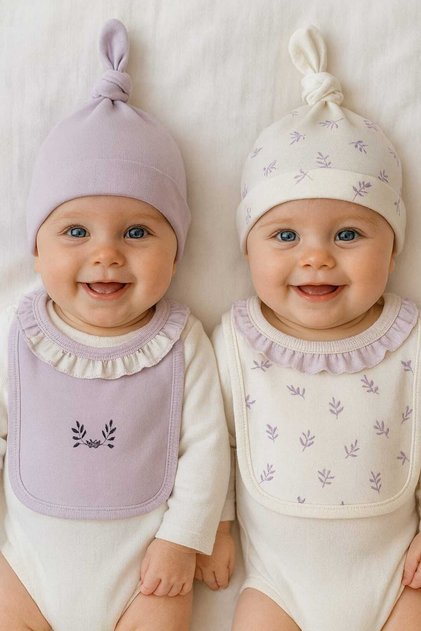 100% Cotton Baby Combed Cotton Hat Bib 4 Piece Set | Girls Boys Unisex