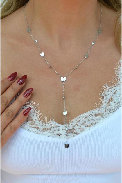 Steel Long Butterfly Chain Necklace Butterfly Figured Decollete Pendant Long Necklace