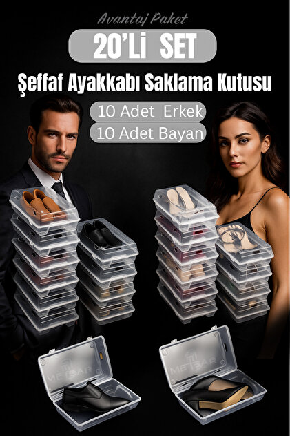 Metsar Home 20'li Set Şeffaf Ayakkabı Kutusu Erkek& Bayan