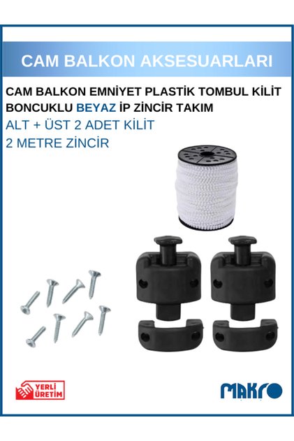 Cam Balkon Kilidi | Emniyet Plastik Tombul Kilit | Boncuklu Beyaz Ip Zincir Takım Seti