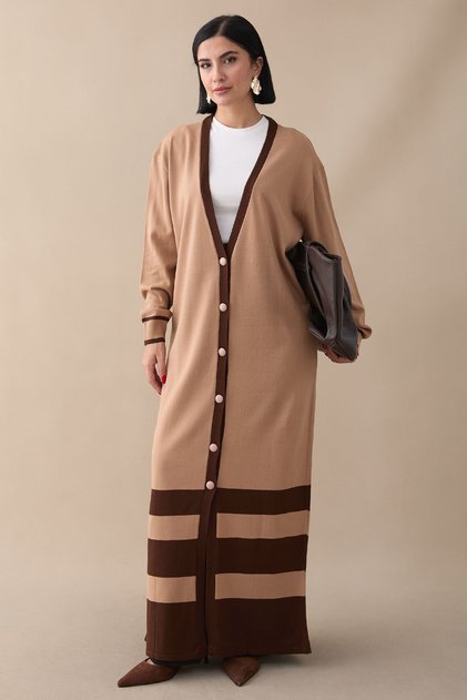 Stripe Detail Long Camel Knitwear Cardigan