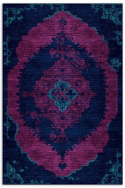 Modern Vintage Fuchsia Navy Blue Chenille Carpet Rug Runner Non-Slip Cotton Base Washable Fringed