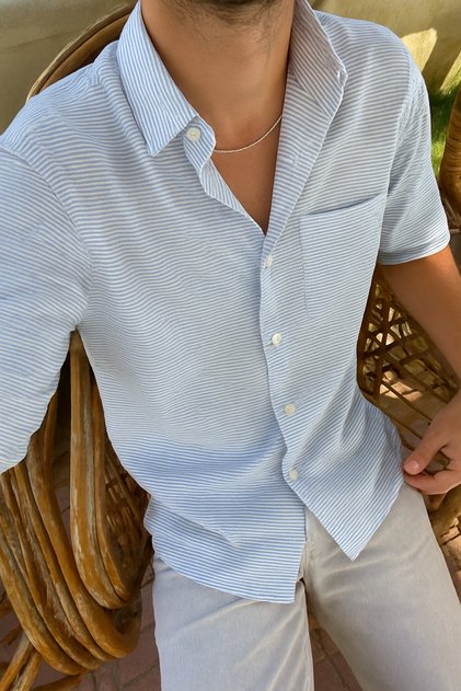 Men's Blue Striped Cotton Pocket Shirt Long Sleeve