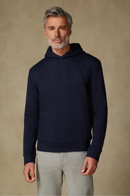 Hoodie Knitted Fabric Cotton Comfort Fit Navy Blue Crew Neck Men's Embroidered Hoodie