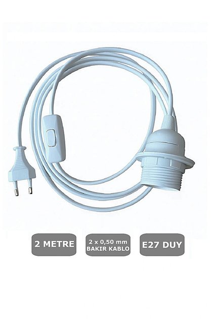 E27 Duylu 2 Metre Arapuarlı (Aç Kapat Anahtar) Fişli Abajur Duyu Seyyar (2X0,50) (Beyaz) 65W