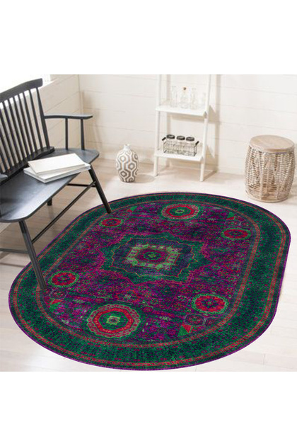 Yeşil Oval El Halısı vintage Görünümlü Dot Taban Halı