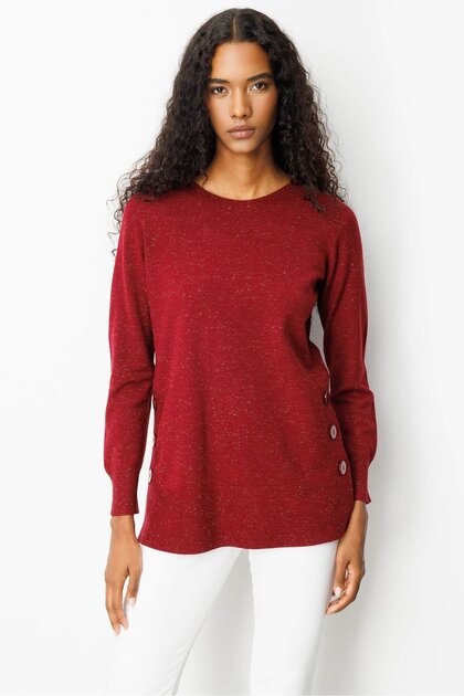 Women's Crew Neck Seamless Side Buttoned Glitter Sweater Cherry
