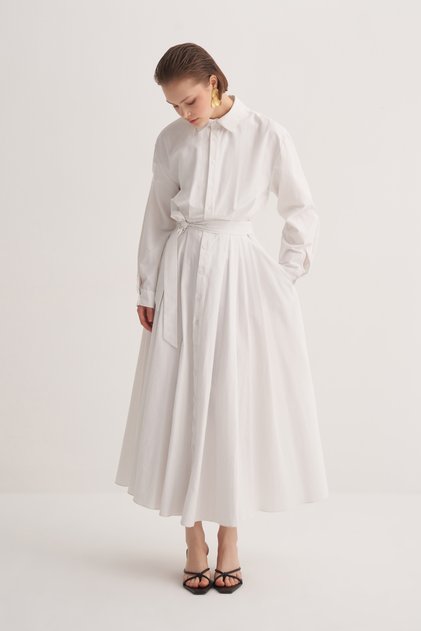Women's Poplin Pleated Shirt Dress Ecru