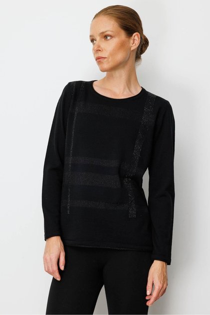 Women's Crew Neck Glitter Striped Stone Wool Blouse Black
