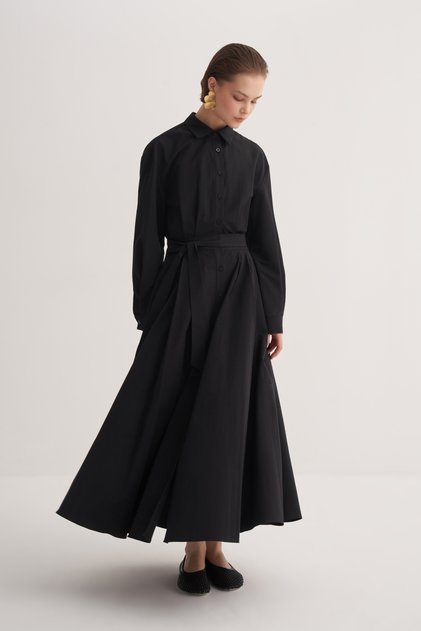 Women's Poplin Pleated Shirt Dress Black