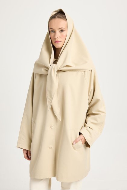 Women's Beige Oversize Detachable Collar Lined Design Trench Coat 30009