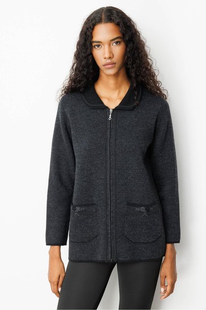 Women's Polo Neck Pocket Embroidered Wool Cardigan Black