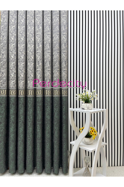 Poseidon Green Gray Gold Detailed Panel Backdrop Curtain Suitable for All Rooms 1X3 Frequent Pleats [Single Panel]