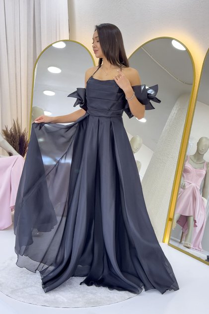Women's Draped Halter Neck Bow Sleeve Detail Evening Dress Baby Blue, Aqua Green, Black, White