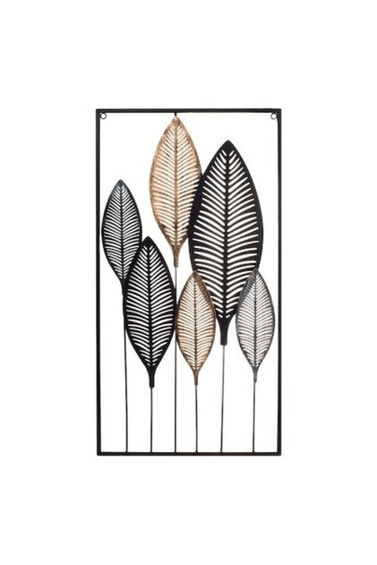Decoratiune Metalica de Perete cu Frunze Perforate in Rama Neagra 40x75cm