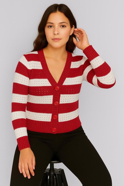 Women's Buttoned Front and Double-Colored Knitwear Cardigan