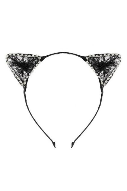 Bentita pentru par Shopiens® pentru fetite, model de culoare neagra cu dantela, urechi si pietre