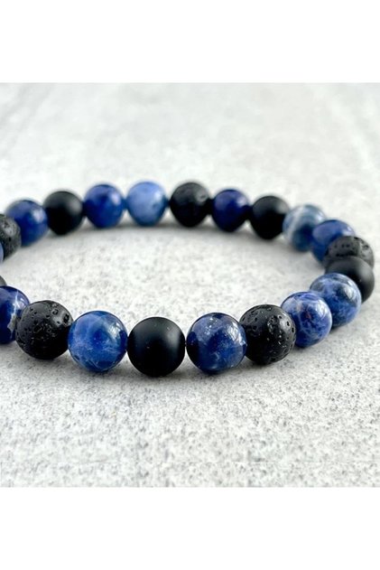 Mat Onyx, Lava Stone and Sodalite Men's Natural Stone Bracelet - 8 Mm, Elastic