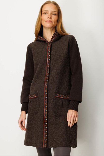 Women's Hooded Wool Coat with Felt Front, Dark Brown