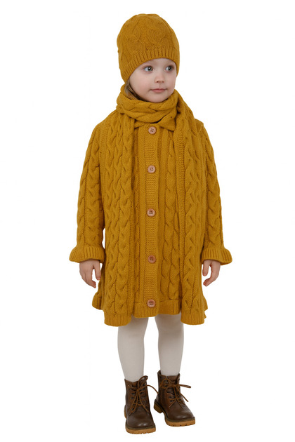 Knitwear Girl's Cardigan, Scarf, Beanie 3-Piece Set Mustard