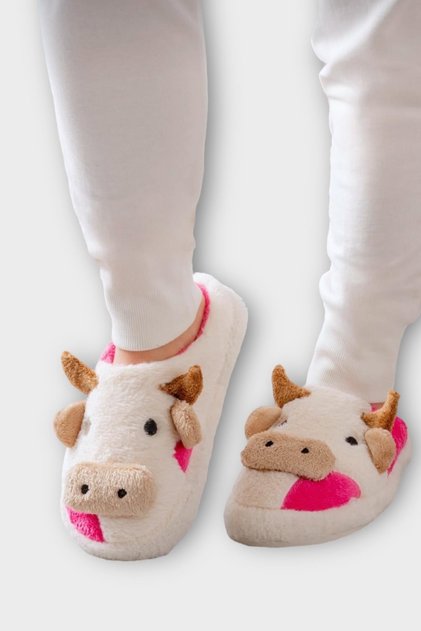 Embroidered Non-Slip Sole Winter Unisex House Slippers with Cow Figure White - Fuchsia