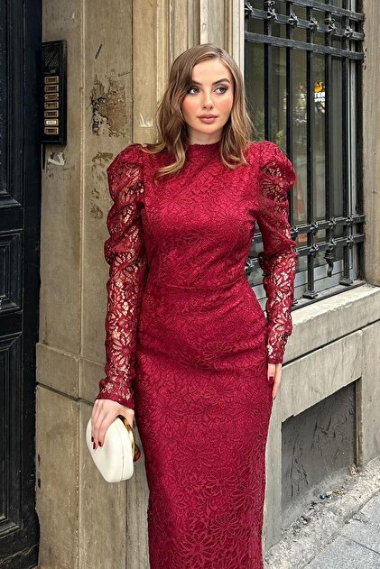 burgundy high neck lace dress Elbee Fashion Woman Burgundy Half-High Neck Lace Dress with Sleeve Detail-  Trendyol