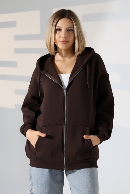 Shardonlu Zippered Hooded Oversize Sweatshirt 21618 Brown
