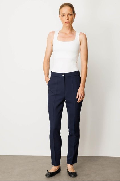 Women's Hidden Zipper Side Pocket Fabric Trousers Navy Blue