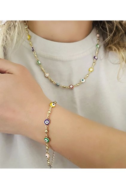 14K GOLD RENK NAZARLI KADIN KOLYE VE BİLEKLİK SET