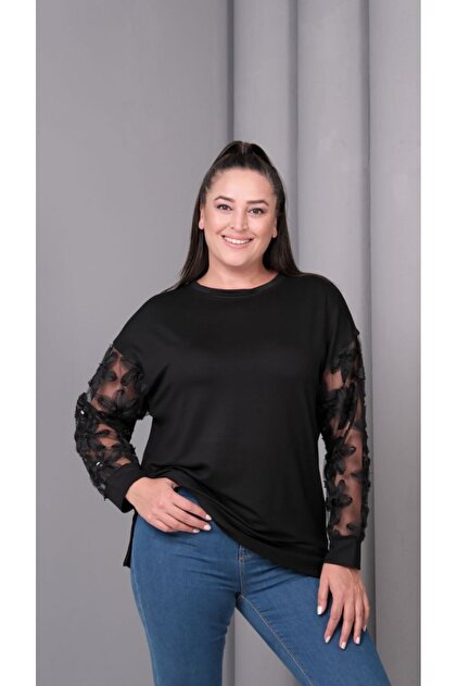 Women's Crystal Fabric Sweatshirt with Tulle Detail on the Sleeves