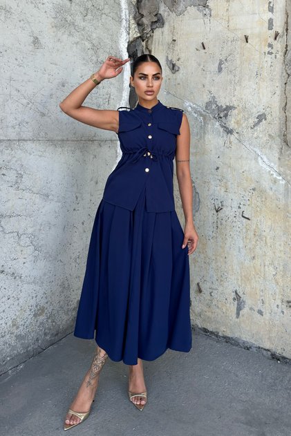 Women's Summer Navy Blue Decorative Pocket Detailed Vest and Pleated Skirt with Pockets Stylish Daily Casual Set 1248