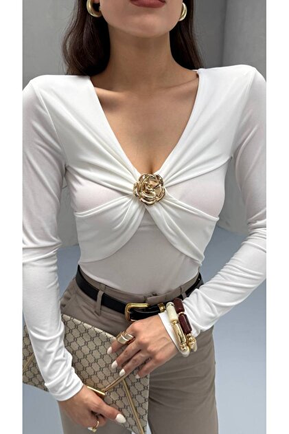 Blouse with Chest Brooch Detail