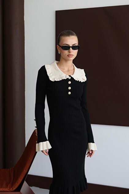 Jeevee Ruffle Collar Pearl Button Long Sleeve Knit Dress- Trendyol Jeevee Ruffle Collar Pearl Button Long Sleeve Knit Dress- Trendyol