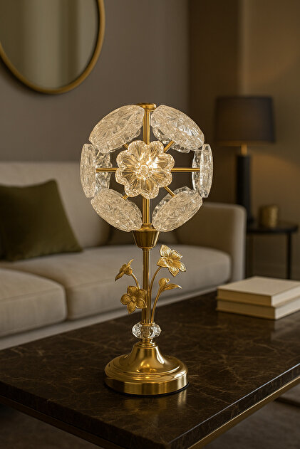 Modern Tasarım Crystal Kristal Taşlı Abajur Masa Lambası 3 Renk Işıklı Parlak Gold Sarı Gövde