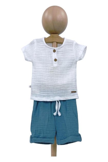 Buttoned White Shirt and Blue Shorts 2-Piece Muslin Baby Boy Set