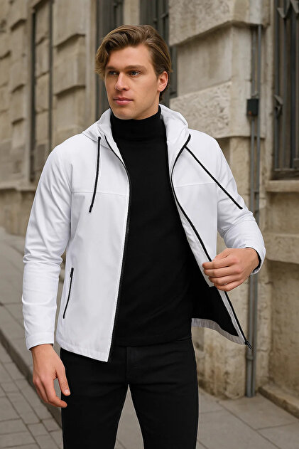 Men's Lined Hooded White Windbreaker & Raincoat