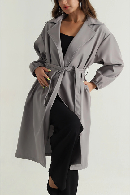 Women's Double-neck Collar Waist Balloon Sleeve Trench Coat