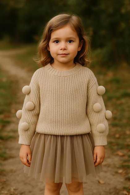 Girl's Oversized Knit Sweater – Seamless, with Pom-Pom Detail, 2-7 Years Old, Domestic Production