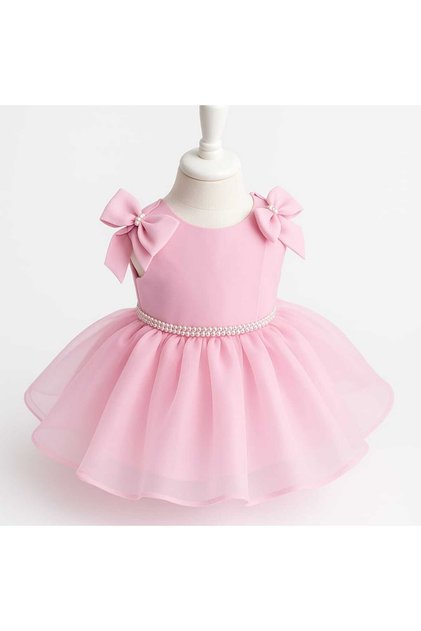 Pink Bow Detailed Strap Girls Evening Dress