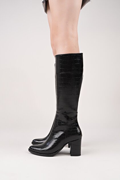 Women's Crocodile Black Classic Heel Boots