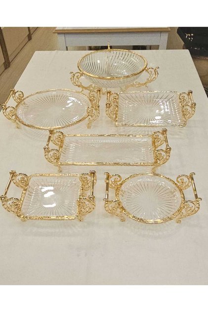 DÖKÜM METAL ÇERÇEVELİ CAM SUNUM SETİ 6 PARÇA GOLD