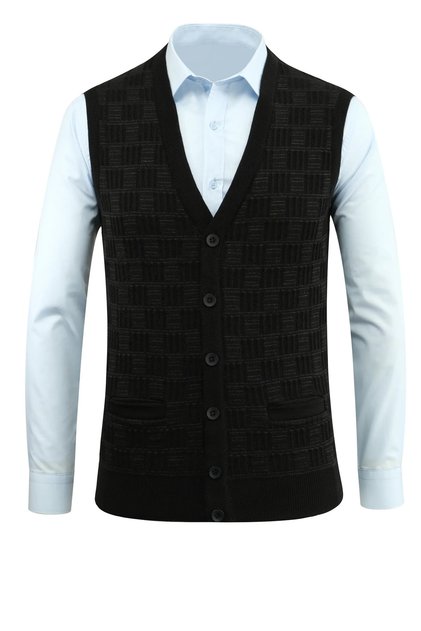 Men's Buttoned Black Vest with Pockets, Crinkled Steel Knit, Classic Fit - 5215L