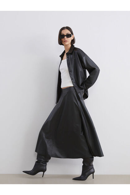 Create Your Style from Uzg Store | Zippered Leather Look Flared Skirt